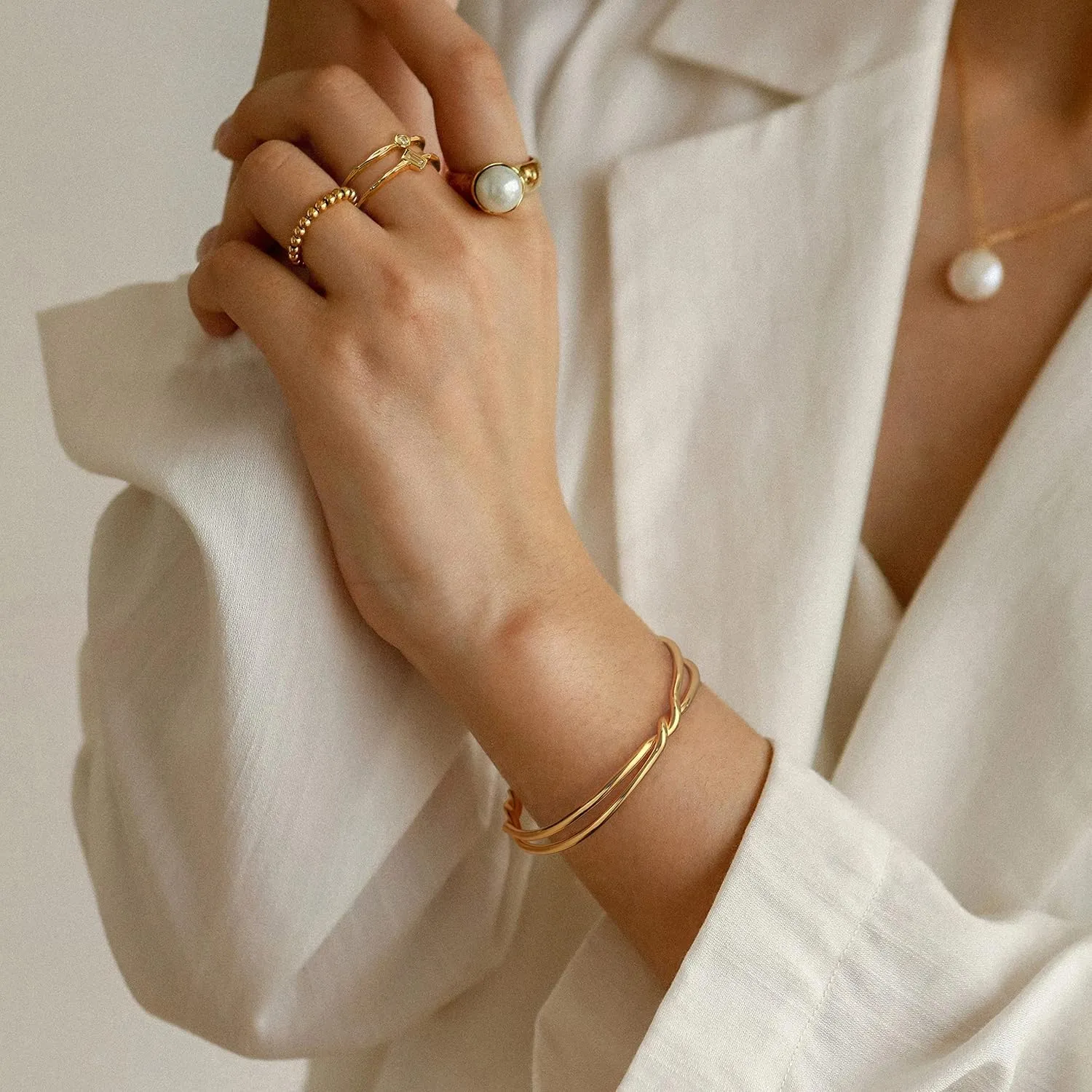 PERNNLA PEARL Dainty Gold Bar Bracelet for Women Simple Delicate Thin Cuff Bangle Hook Bracelet 18K Gold Plated Handmade Minimalist Jewelry