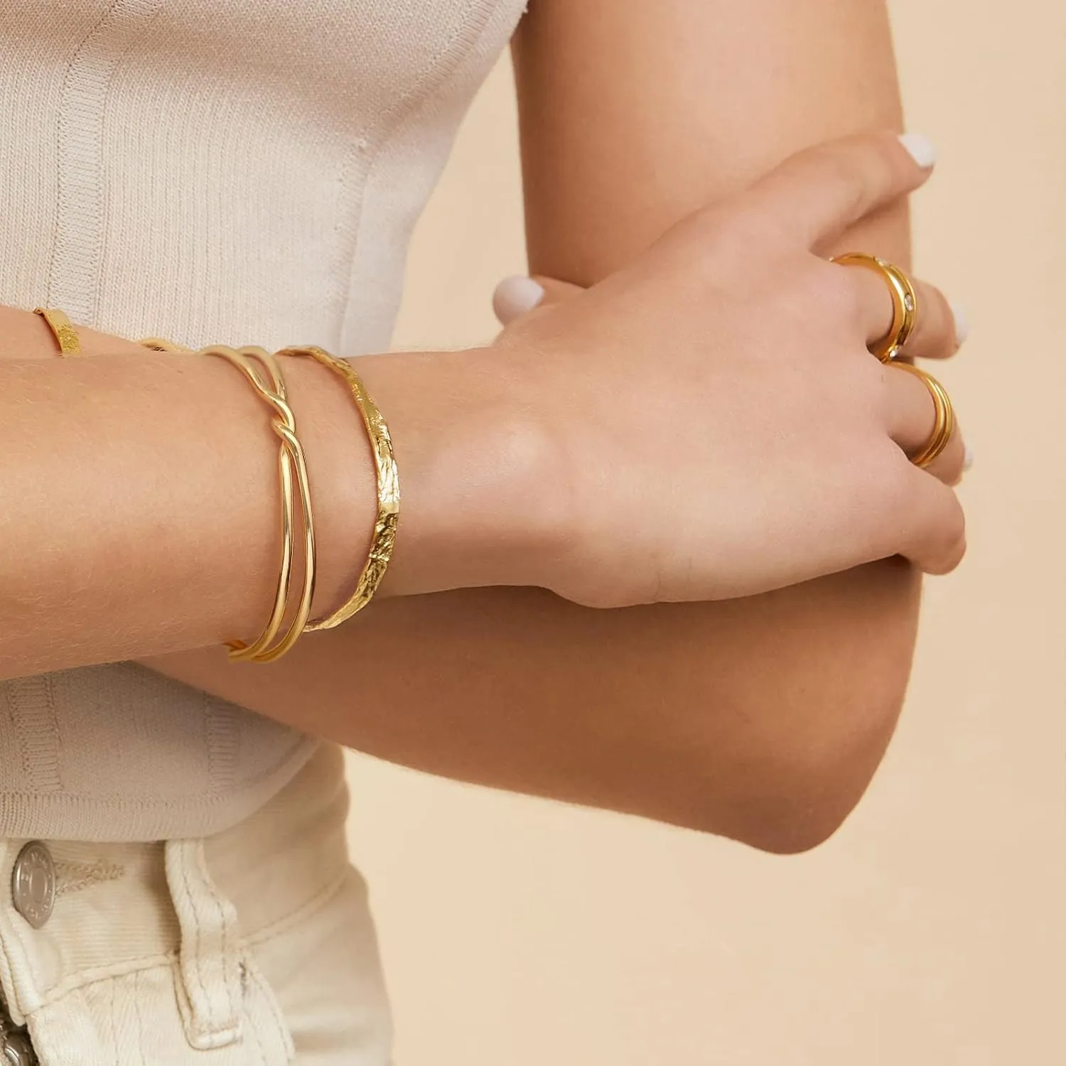 PERNNLA PEARL Dainty Gold Bar Bracelet for Women Simple Delicate Thin Cuff Bangle Hook Bracelet 18K Gold Plated Handmade Minimalist Jewelry