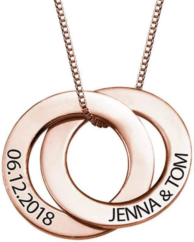 Personalized 2 Russian Rings Necklace with Engraved Name Pendant, Custom Made Jewelry for Mom