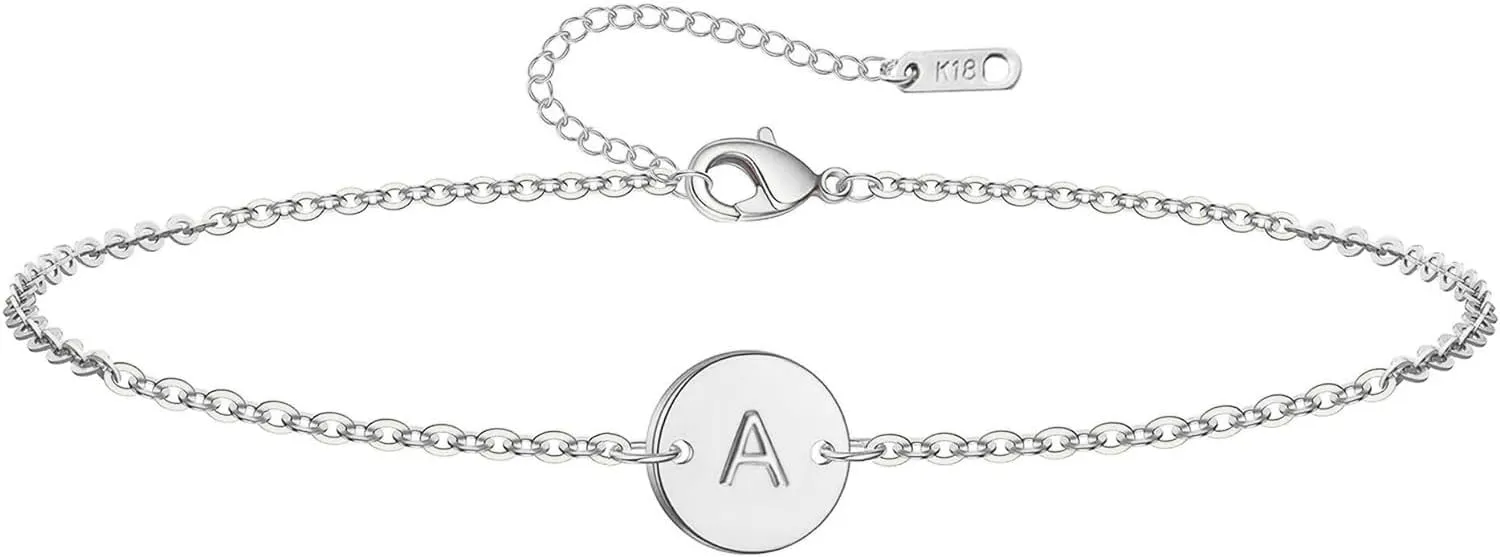 Personalized Initial Bracelet for Women Stainless Steel Letters Bracelet Delicate Coin Dainty Disc Alphabet Charm Bracelet Monogram Name Bracelet