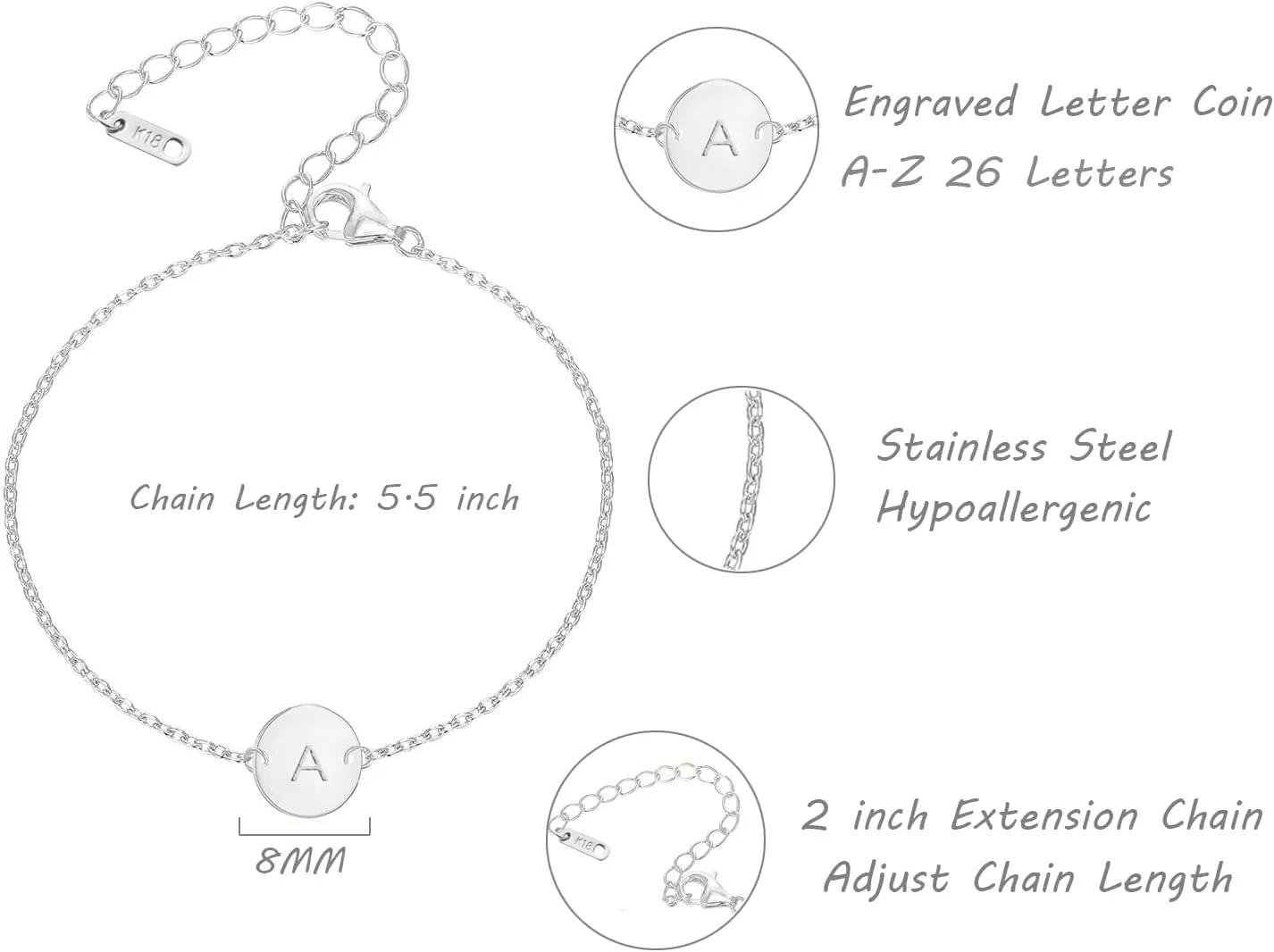 Personalized Initial Bracelet for Women Stainless Steel Letters Bracelet Delicate Coin Dainty Disc Alphabet Charm Bracelet Monogram Name Bracelet