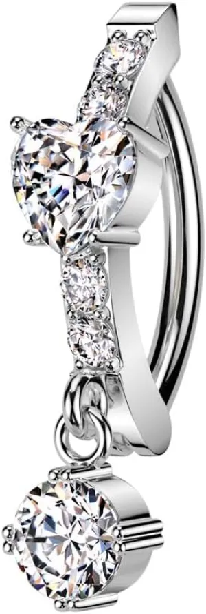 Pierced Owl 14GA 316L Stainless Steel CZ Crystal Heart Center with Dangling Gem Hinged Curved Bar Belly Button Ring
