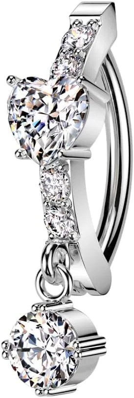 Pierced Owl 14GA 316L Stainless Steel CZ Crystal Heart Center with Dangling Gem Hinged Curved Bar Belly Button Ring