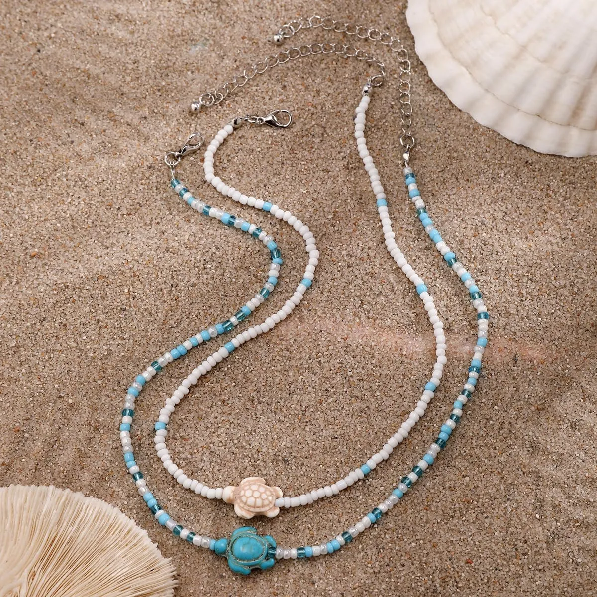 Pingyongchang Rice Beads Beach Sea Shell Tortoise Necklace for Women Boho Handmade Shell Beach Layered Colorful Beaded Turtle Starfish Choker Necklace for Women Gifts Jewelry