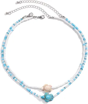 Pingyongchang Rice Beads Beach Sea Shell Tortoise Necklace for Women Boho Handmade Shell Beach Layered Colorful Beaded Turtle Starfish Choker Necklace for Women Gifts Jewelry