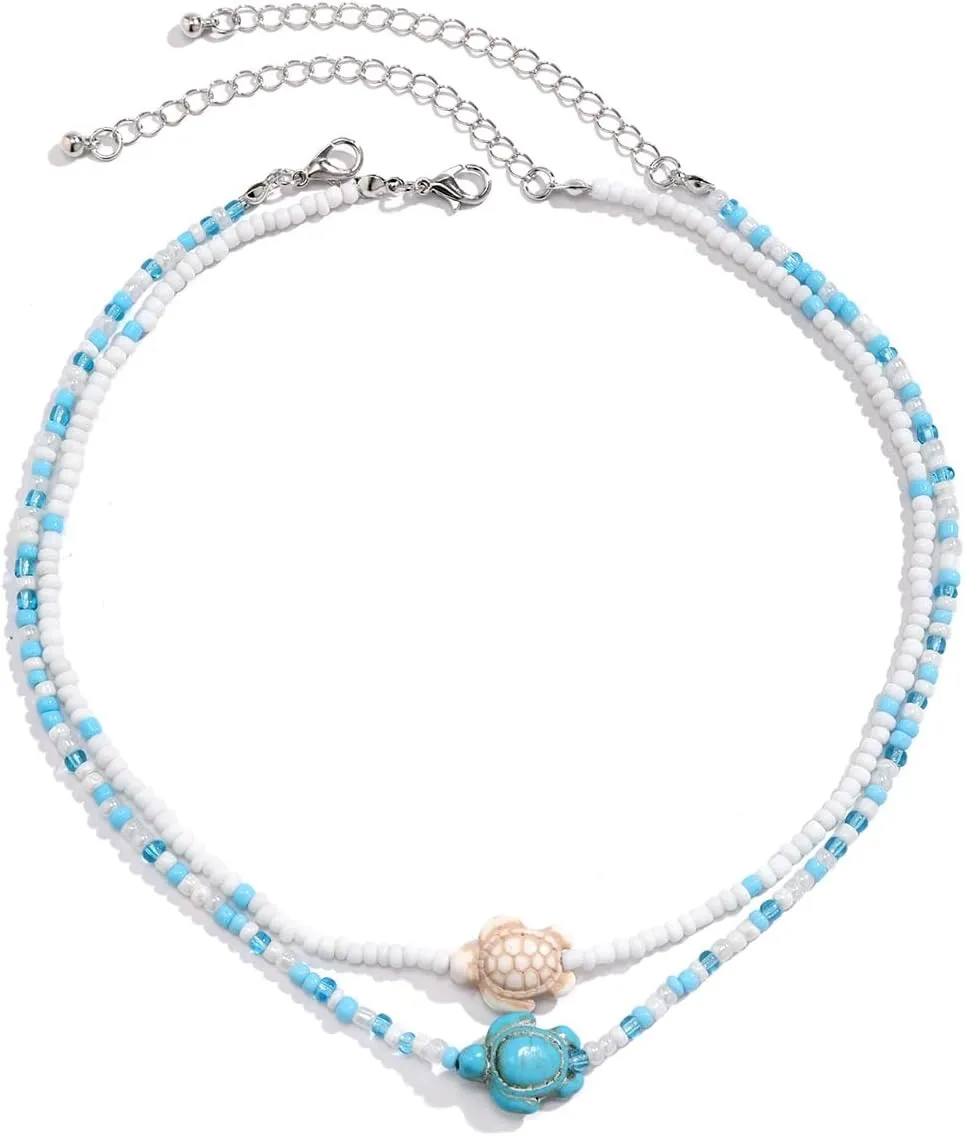 Pingyongchang Rice Beads Beach Sea Shell Tortoise Necklace for Women Boho Handmade Shell Beach Layered Colorful Beaded Turtle Starfish Choker Necklace for Women Gifts Jewelry
