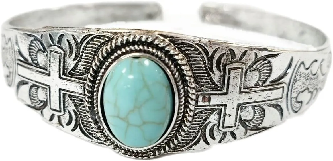 Pingyongchang Turquoise Bracelet for Women Natural Stone Turquoise Engraved Cuff Bracelet Western National Style Stone Stretch Round Bead Bracelets Bangle for Women Men Boho Jewelry