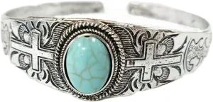 Pingyongchang Turquoise Bracelet for Women Natural Stone Turquoise Engraved Cuff Bracelet Western National Style Stone Stretch Round Bead Bracelets Bangle for Women Men Boho Jewelry