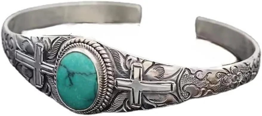 Pingyongchang Turquoise Bracelet for Women Natural Stone Turquoise Engraved Cuff Bracelet Western National Style Stone Stretch Round Bead Bracelets Bangle for Women Men Boho Jewelry