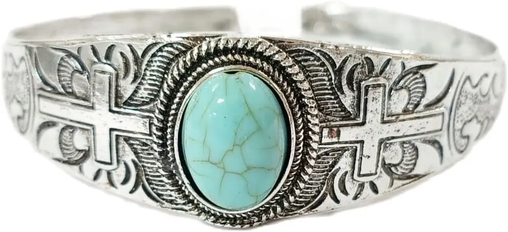 Pingyongchang Turquoise Bracelet for Women Natural Stone Turquoise Engraved Cuff Bracelet Western National Style Stone Stretch Round Bead Bracelets Bangle for Women Men Boho Jewelry