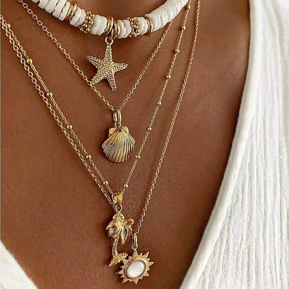 Pingyongchang White Surfer Choker Layered Necklace Summer Flower Gold Helios Pendant Pretty Stylish Floral Chain Jewelry for Prom Party Dating Gifts for Women