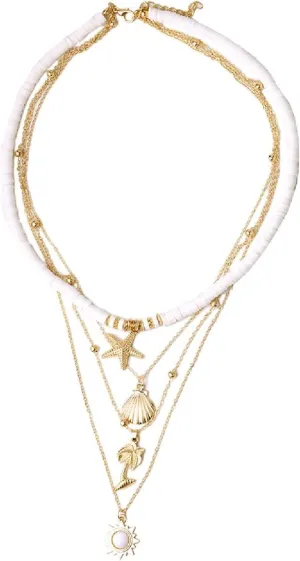 Pingyongchang White Surfer Choker Layered Necklace Summer Flower Gold Helios Pendant Pretty Stylish Floral Chain Jewelry for Prom Party Dating Gifts for Women