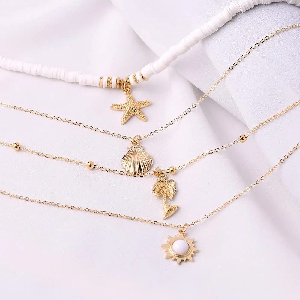 Pingyongchang White Surfer Choker Layered Necklace Summer Flower Gold Helios Pendant Pretty Stylish Floral Chain Jewelry for Prom Party Dating Gifts for Women