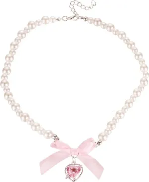 Pink Heart Bow Choker Necklace Y2k Boho Round Pearl Beaded Chain Chic Crystal Rhinestone Love Hearts Shaped Pendant Necklace for Women Valentines Day Christmas Party Jewelry Gifts