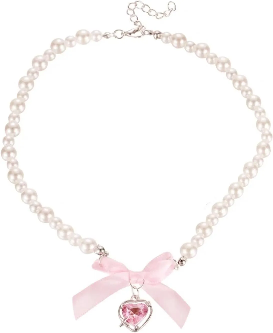 Pink Heart Bow Choker Necklace Y2k Boho Round Pearl Beaded Chain Chic Crystal Rhinestone Love Hearts Shaped Pendant Necklace for Women Valentines Day Christmas Party Jewelry Gifts