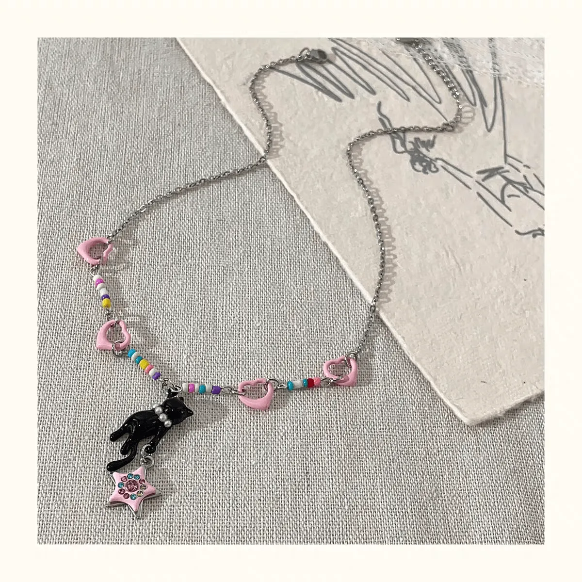 Pink Heart Star Black Kitty Necklace