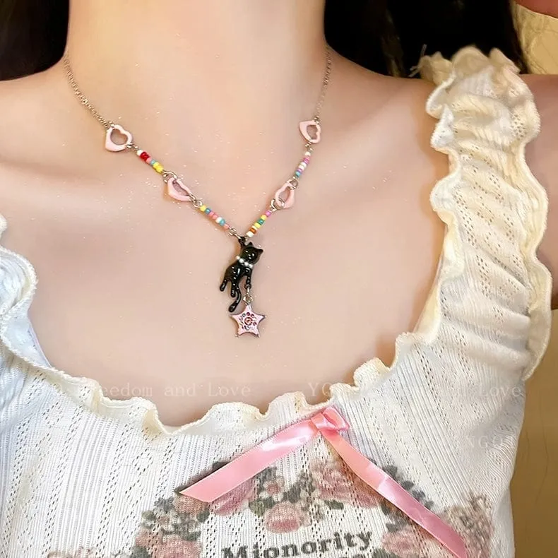 Pink Heart Star Black Kitty Necklace