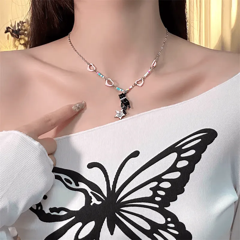 Pink Heart Star Black Kitty Necklace
