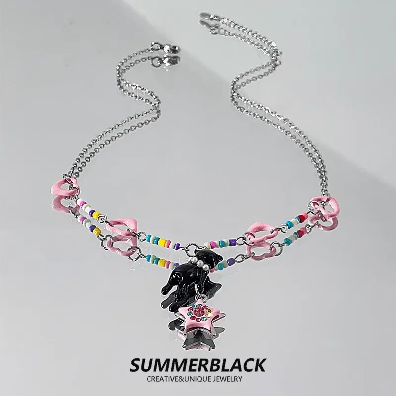 Pink Heart Star Black Kitty Necklace