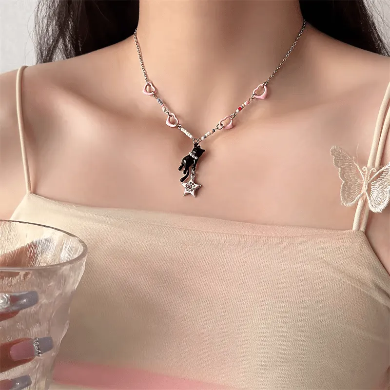 Pink Heart Star Black Kitty Necklace