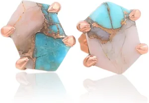Pink Opal Copper Turquoise Stud Earrings, 7x12mm Hexagon Gemstone Earrings, Rose Gold Plated Solid Silver Earrings, Women Delicate Earrings (Gold Plated)