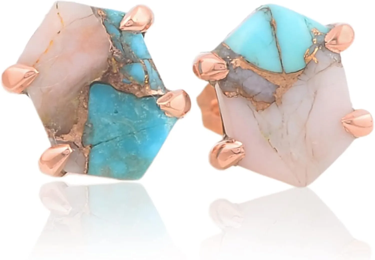 Pink Opal Copper Turquoise Stud Earrings, 7x12mm Hexagon Gemstone Earrings, Rose Gold Plated Solid Silver Earrings, Women Delicate Earrings (Gold Plated)