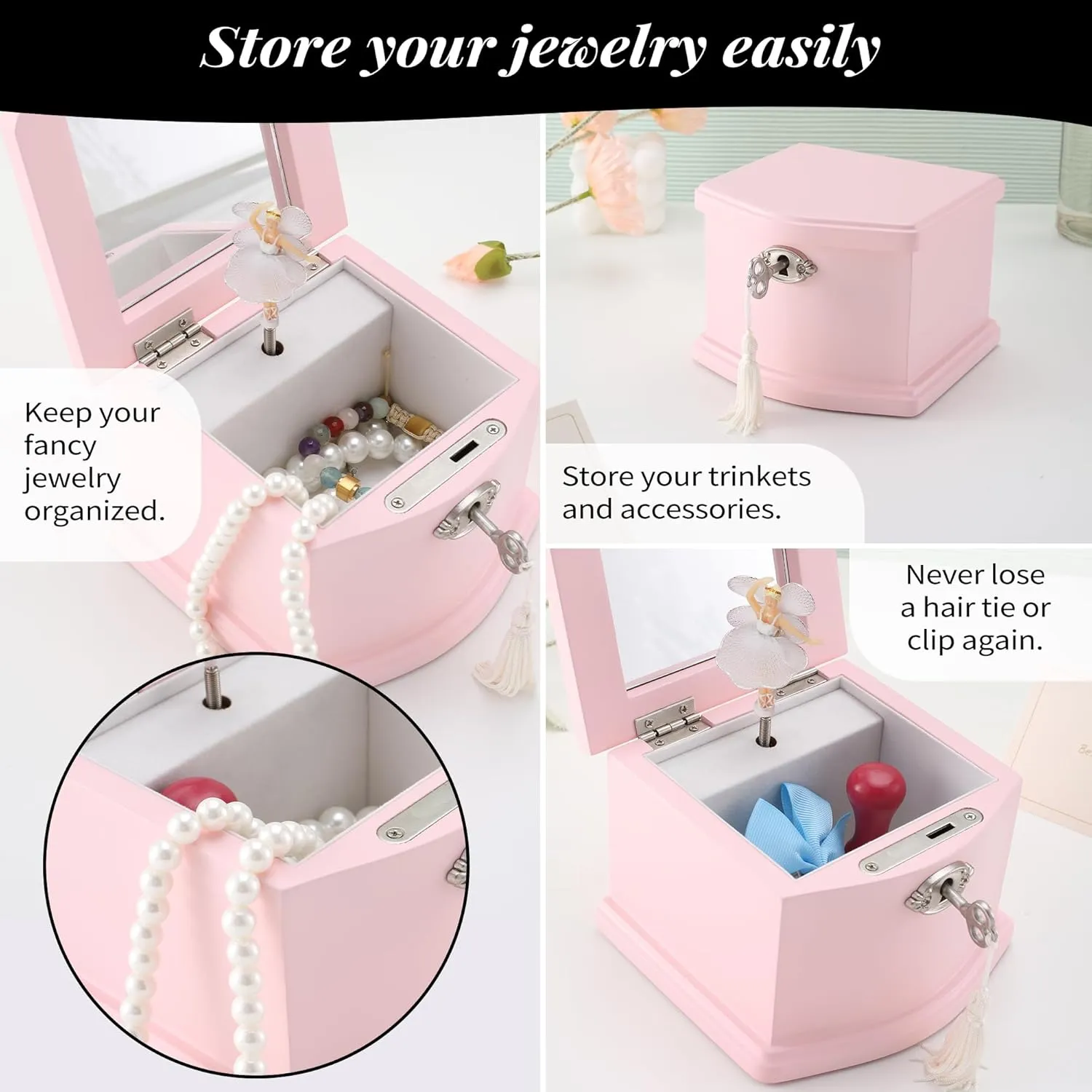 Pink Small Ballerina Musical Jewelry Box with Mirror and Lock for GirlsPink Kid's Jewelry Storage Music Chest,Gift for Christmas,New Year,Birthday