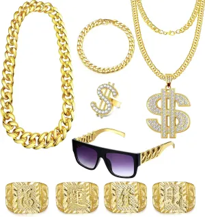 PLOMFOV 80s 90s Outfit for Men Hip Hop Costumes Kit Rapper Accessories Fake Gold Chain Bracelet Gold Ring for Halloween Party