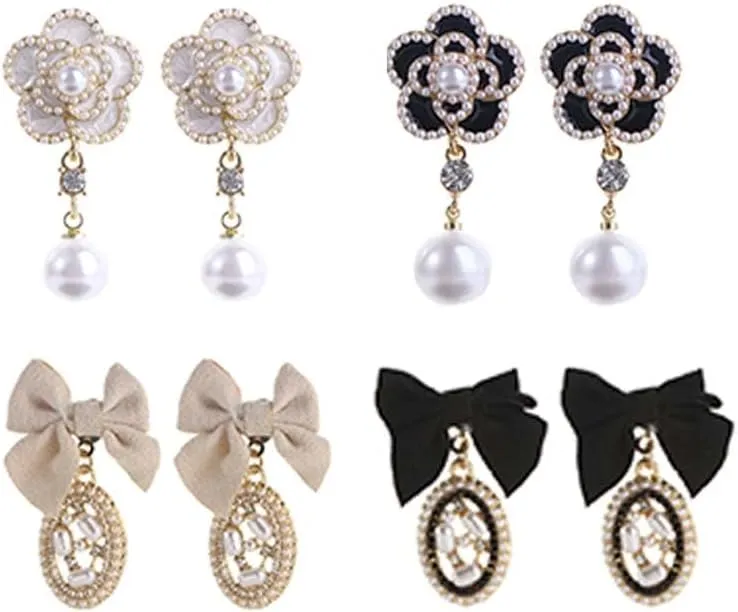 Pokinge 2pairs Black Ribbon Bow Dangle Earrings and 2pairs Sweet Vintage Pearl Camellia Earrings, Princess Style Elegant Rhinestone Bows Earrings Jewelry Gift