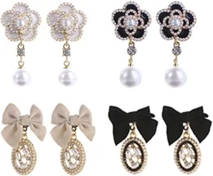 Pokinge 2pairs Black Ribbon Bow Dangle Earrings and 2pairs Sweet Vintage Pearl Camellia Earrings, Princess Style Elegant Rhinestone Bows Earrings Jewelry Gift