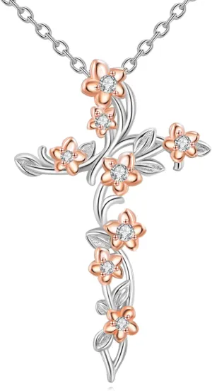POPLYKE Flower Cross Necklace 925 Sterling Silver Flower Pendant Necklace Cross Jewelry Religious Christian Baptism Gifts for Women