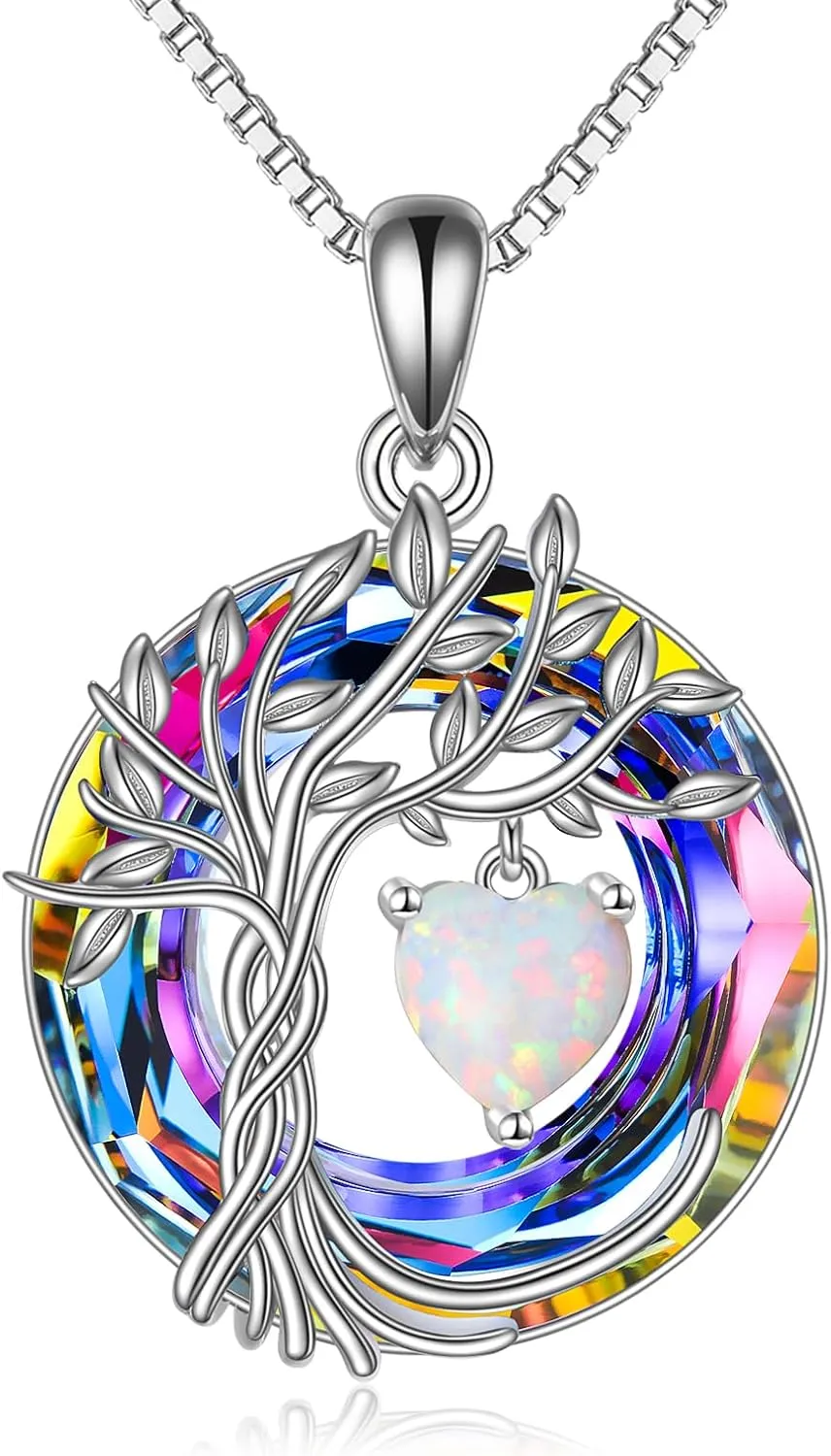 POPLYKE Tree of Life Necklace 925 Sterling Silver Birthstone Pendant Necklaces with Crystal Anniversary Birthday Wedding Jewelry for Mom Her Wife Sister