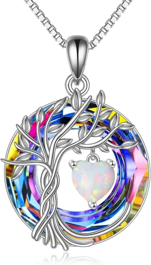 POPLYKE Tree of Life Necklace 925 Sterling Silver Birthstone Pendant Necklaces with Crystal Anniversary Birthday Wedding Jewelry for Mom Her Wife Sister