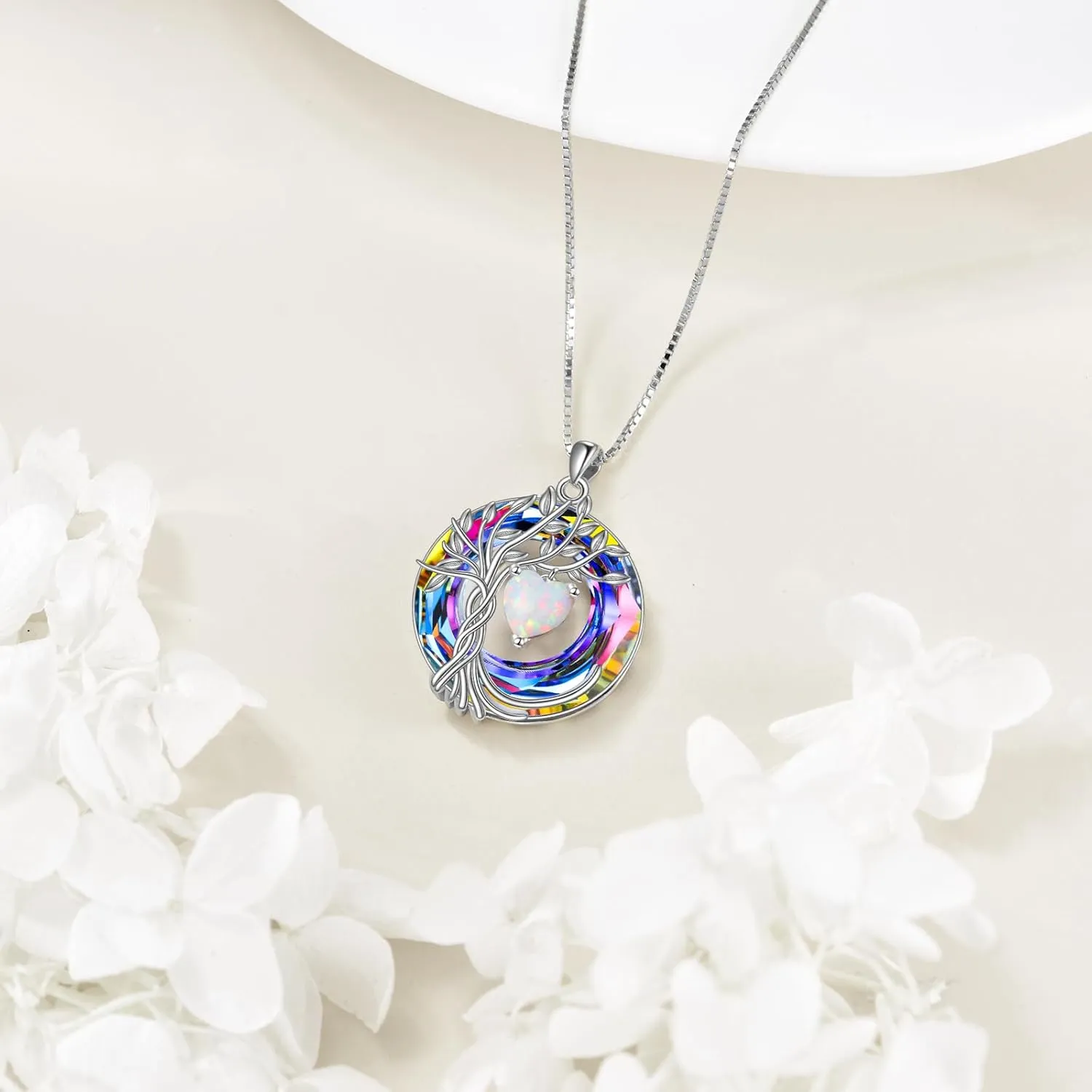 POPLYKE Tree of Life Necklace 925 Sterling Silver Birthstone Pendant Necklaces with Crystal Anniversary Birthday Wedding Jewelry for Mom Her Wife Sister