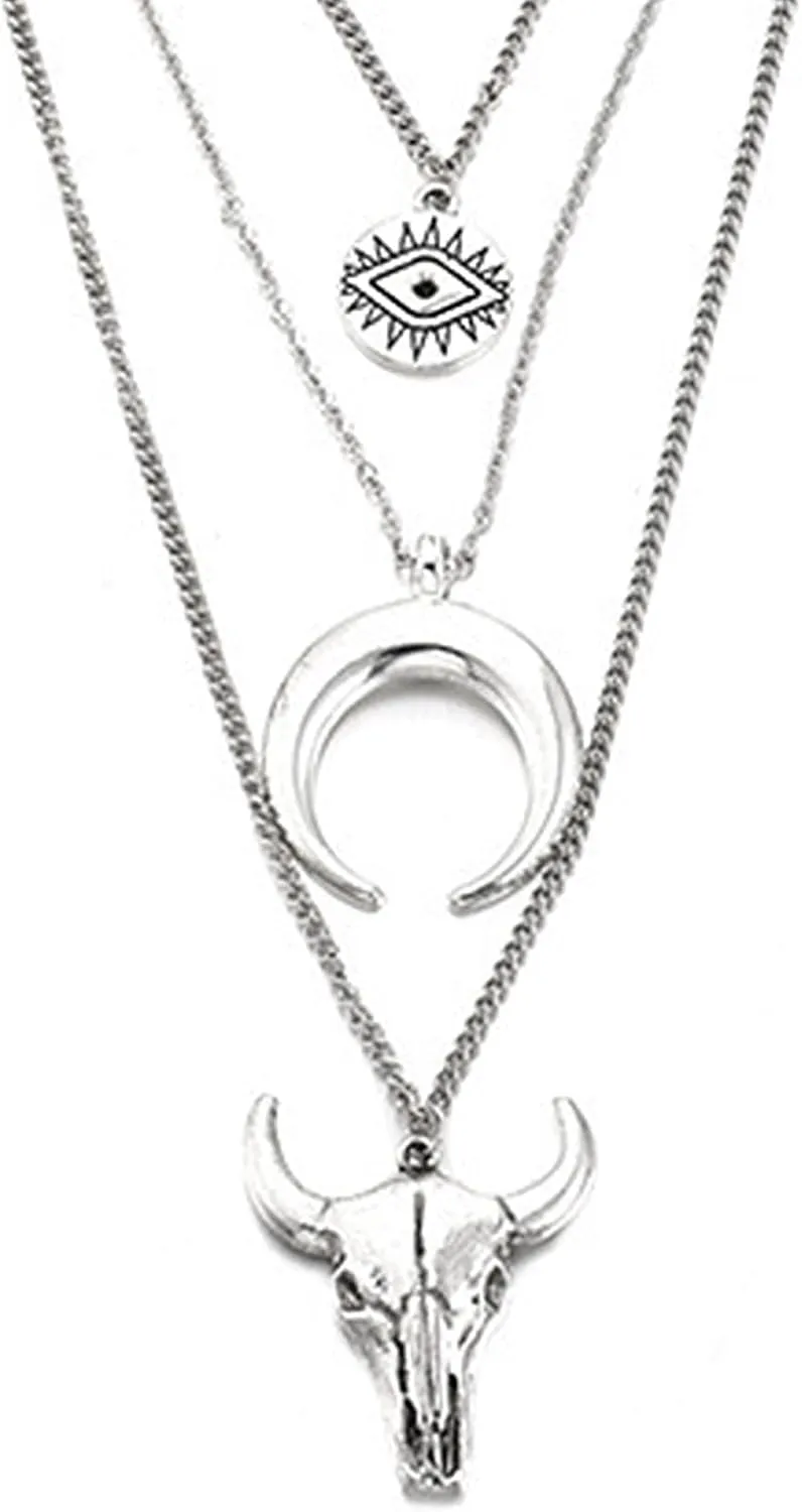 POYAMUSE Stylish Western Cowgirl Three-Layer Necklace with Bull Skull Pendant - Western Outfits Stacked Necklace Accessory for Women