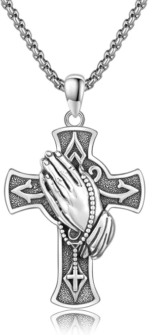 Praying Hands Necklace Sterling Silver Cross Praying Hands Pendant Necklaces Serenity Prayer Necklace Mother's Day Christian Crucifix Cross Religious Amulet Prayer Hand Jewelry Gifts for Men Women