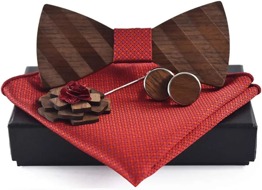 Pre-Tied Wood Bow Ties Set for Men Big Boys with Matching Pocket Square Cufflinks Lapel Flower Brooch Set Gift Box