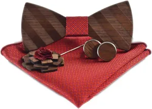 Pre-Tied Wood Bow Ties Set for Men Big Boys with Matching Pocket Square Cufflinks Lapel Flower Brooch Set Gift Box