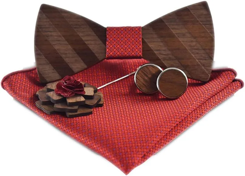 Pre-Tied Wood Bow Ties Set for Men Big Boys with Matching Pocket Square Cufflinks Lapel Flower Brooch Set Gift Box