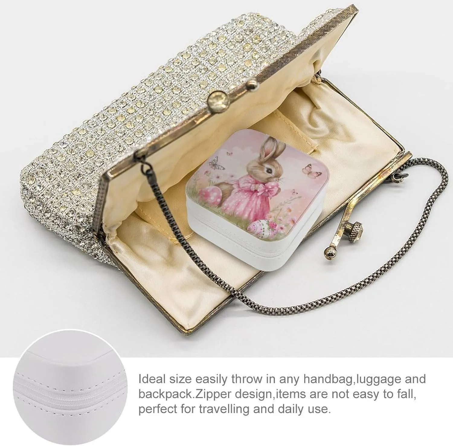 Pretty Easter Bunny with Butterflies Travel Jewelry Case,ester Eggs Pink Dress Rabbit Small Jewelry Box Jewelry Organizer Portable PU Leather Mini Jewelry Case for Girls Womens Earring Necklace Rings