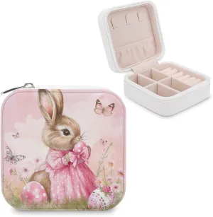 Pretty Easter Bunny with Butterflies Travel Jewelry Case,ester Eggs Pink Dress Rabbit Small Jewelry Box Jewelry Organizer Portable PU Leather Mini Jewelry Case for Girls Womens Earring Necklace Rings