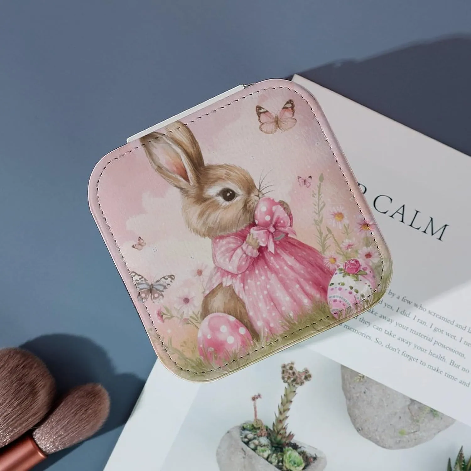 Pretty Easter Bunny with Butterflies Travel Jewelry Case,ester Eggs Pink Dress Rabbit Small Jewelry Box Jewelry Organizer Portable PU Leather Mini Jewelry Case for Girls Womens Earring Necklace Rings