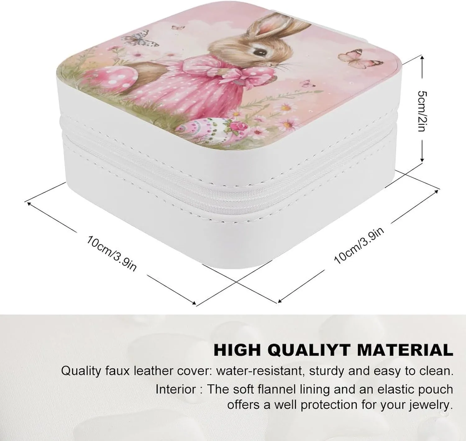 Pretty Easter Bunny with Butterflies Travel Jewelry Case,ester Eggs Pink Dress Rabbit Small Jewelry Box Jewelry Organizer Portable PU Leather Mini Jewelry Case for Girls Womens Earring Necklace Rings