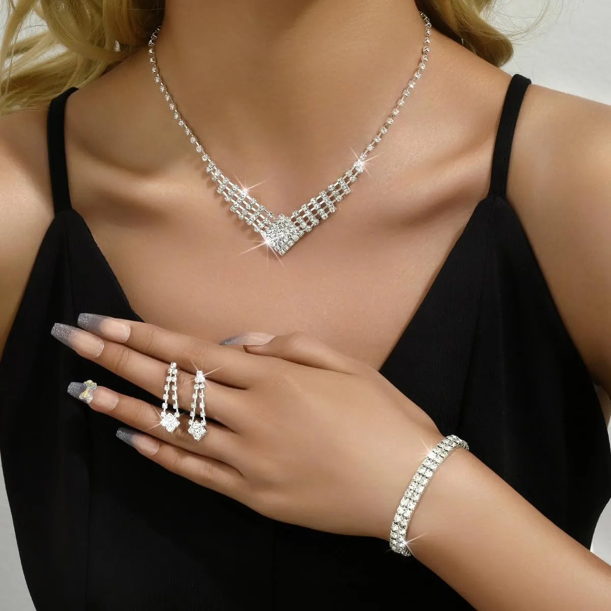 Prom Earrings Necklace Bracelet Set Elegant Crystal Necklace Earrings Bracelet Bridal Wedding Prom Costume Jewelry Sets for Women