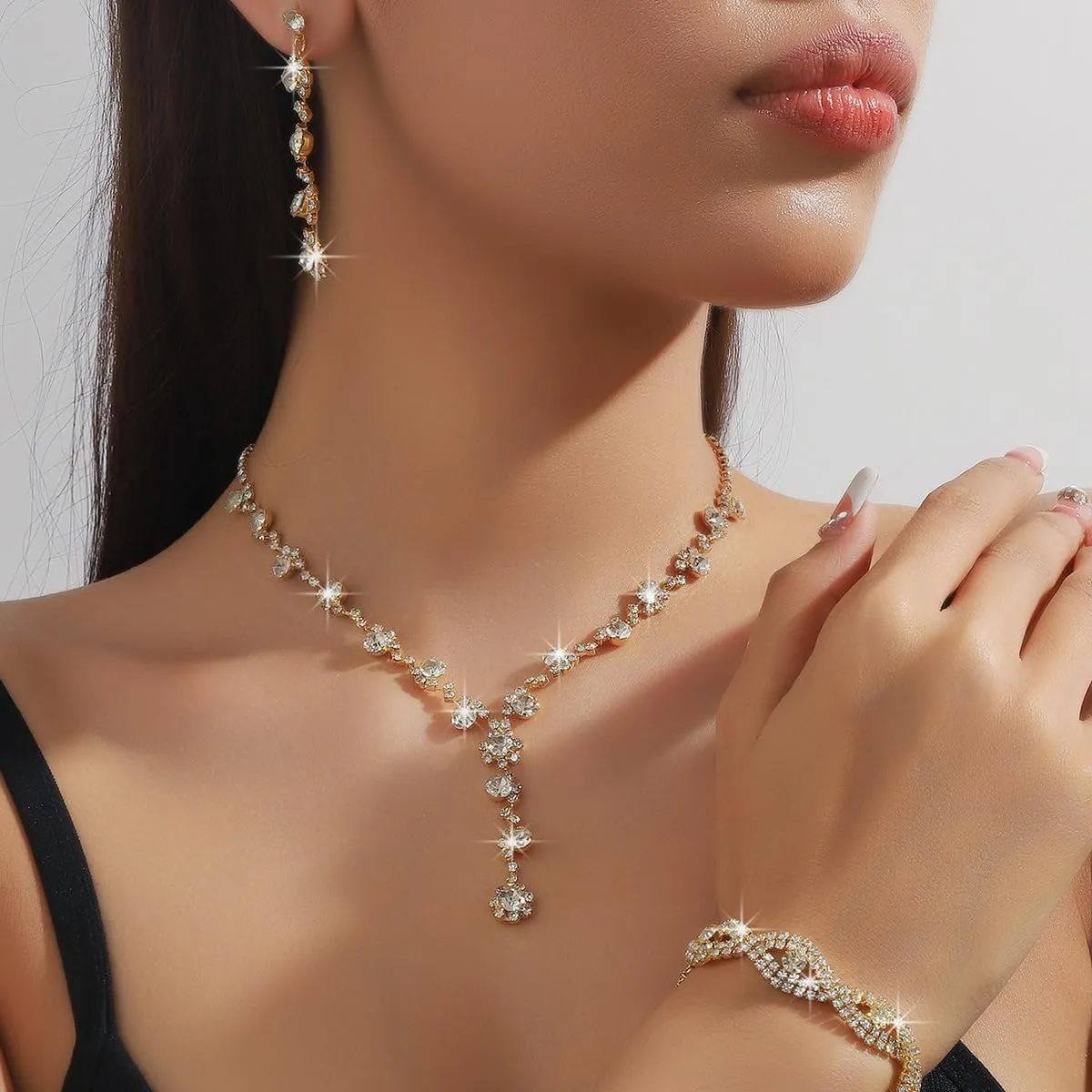 Prom Earrings Necklace Bracelet Set Elegant Crystal Necklace Earrings Bracelet Bridal Wedding Prom Costume Jewelry Sets for Women