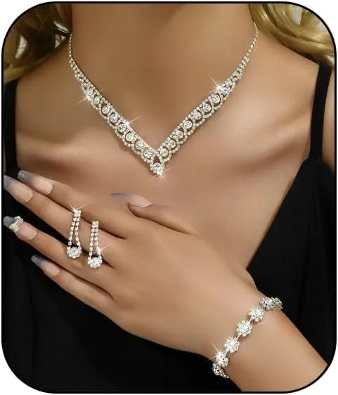 Prom Earrings Necklace Bracelet Set Elegant Crystal Necklace Earrings Bracelet Bridal Wedding Prom Costume Jewelry Sets for Women