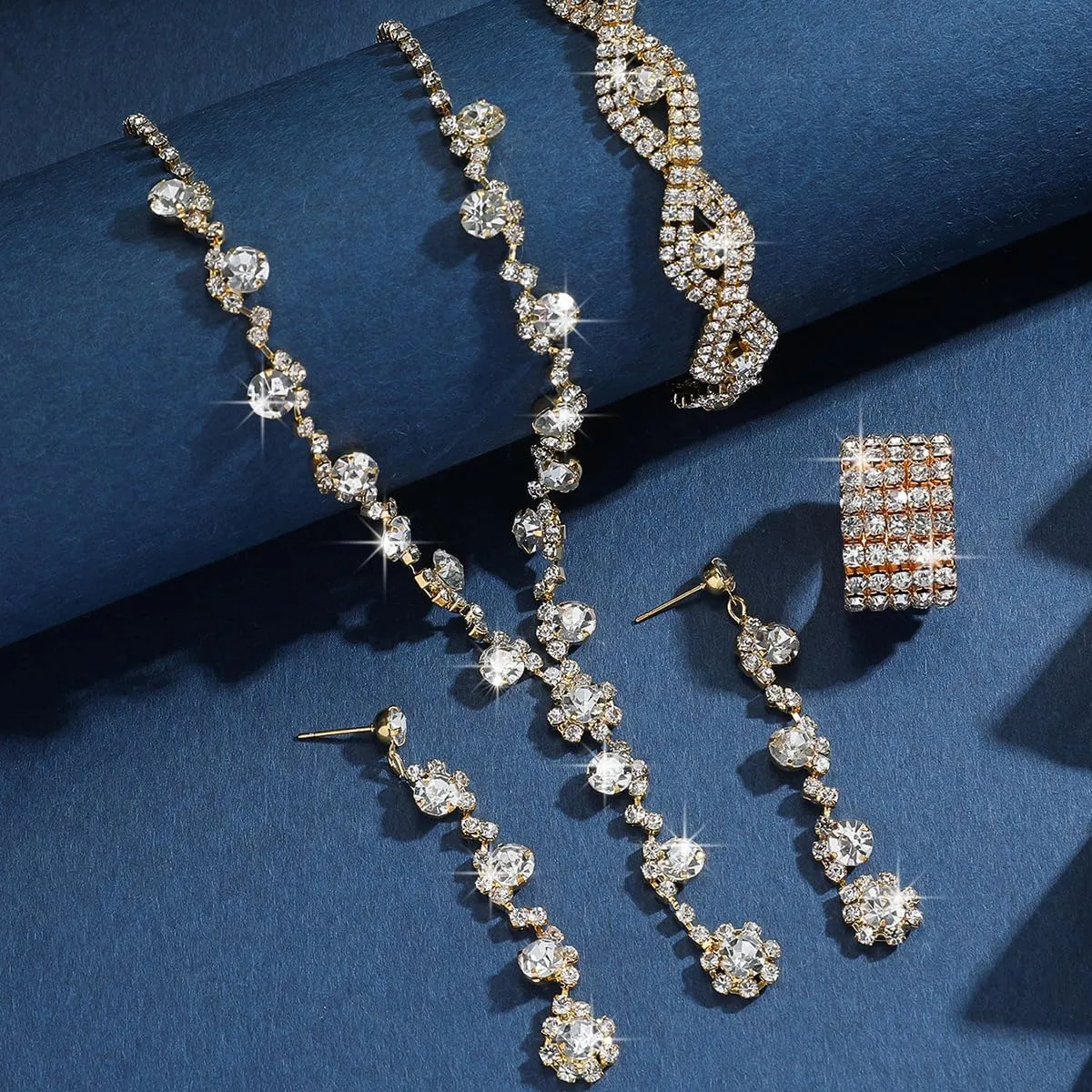 Prom Earrings Necklace Bracelet Set Elegant Crystal Necklace Earrings Bracelet Bridal Wedding Prom Costume Jewelry Sets for Women