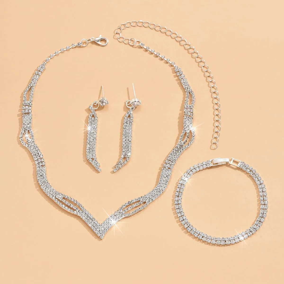 Prom Earrings Necklace Bracelet Set Elegant Crystal Necklace Earrings Bracelet Bridal Wedding Prom Costume Jewelry Sets for Women