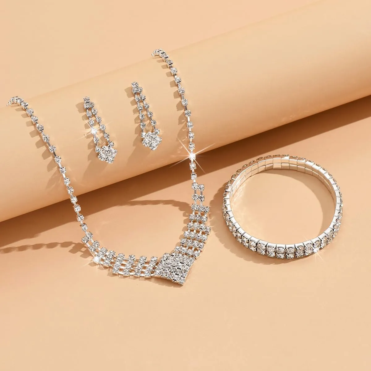 Prom Earrings Necklace Bracelet Set Elegant Crystal Necklace Earrings Bracelet Bridal Wedding Prom Costume Jewelry Sets for Women