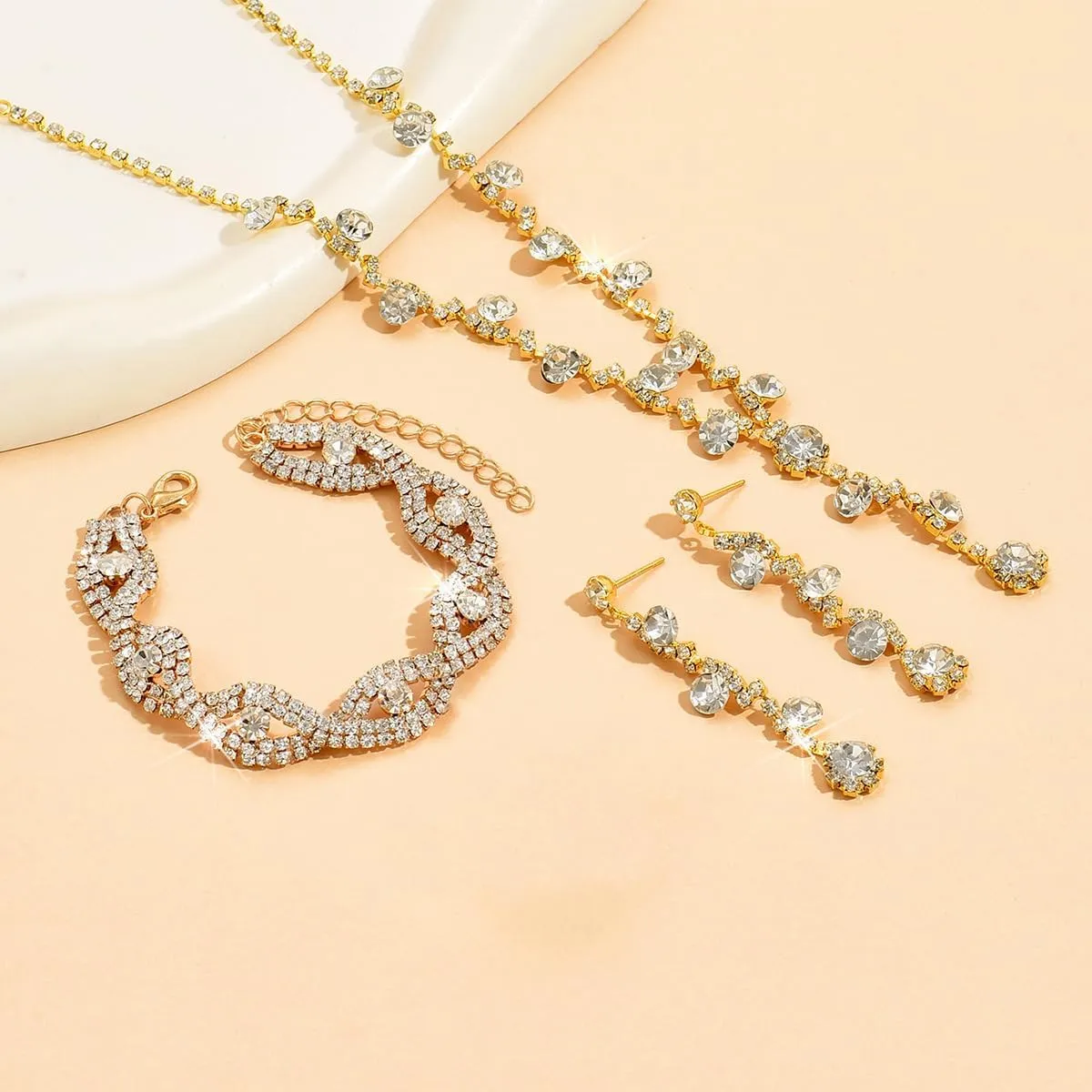Prom Earrings Necklace Bracelet Set Elegant Crystal Necklace Earrings Bracelet Bridal Wedding Prom Costume Jewelry Sets for Women